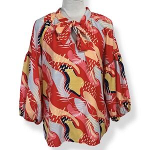 Jade Melody Tam Colorful‎ Oversized Blouse Top Size S Bow Tie Neck Boho Tropical
